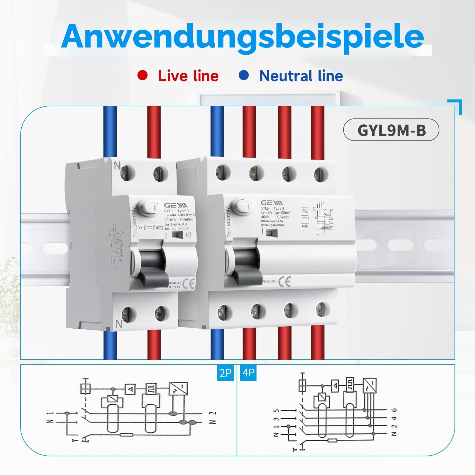 GEYA Elektromagnetischer Fehlerstromschutzschalter Differentialschalter Sicherheitsschalter(Type B-2P-40A-0.03A)