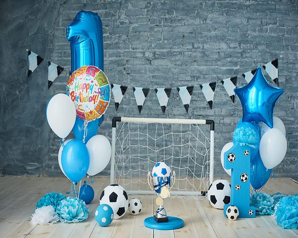 Wofawofa Boys 1st Birthday Backdrop 7X5FT Vinyl Football Backdrops Paper Flowers Brick Wall Stripes Wood Floor Cartoon Photography Background for Boys Birthday Room Wallpaper Photo Studio Props BL137