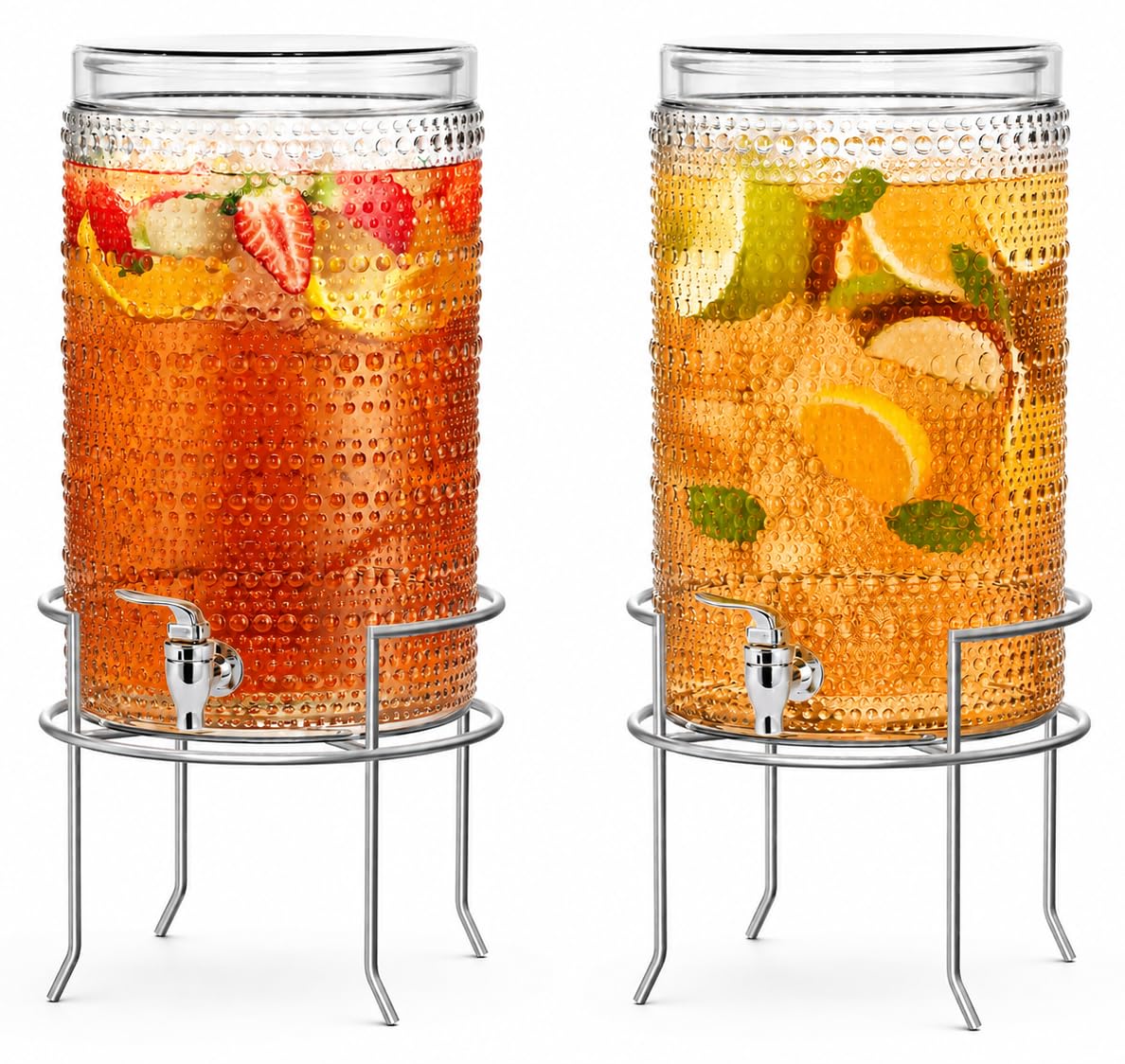 2 PACK-2 Gallon Glass Drink Dispensers for Parties, Hobnail Drink Dispenser, Beverage Dispenser with Stand and Glass Lid, 100% Leakproof Spigot, Perfect For Parties And Daily Use