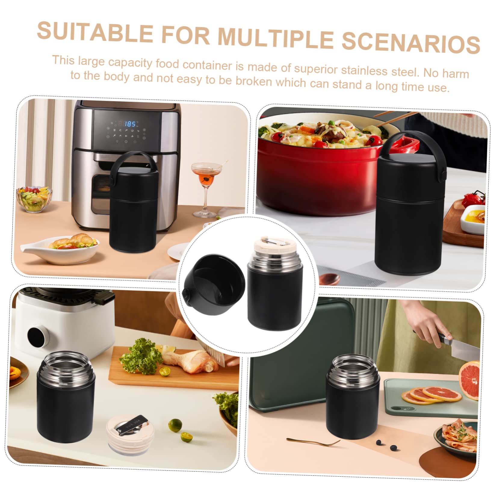 Contenedor de alimentos aislado de acero inoxidable de 850 ml, doble pared con cierre hermético, amplio diseño negro para adultos, ideal para almacenamiento de comidas calientes al aire libre