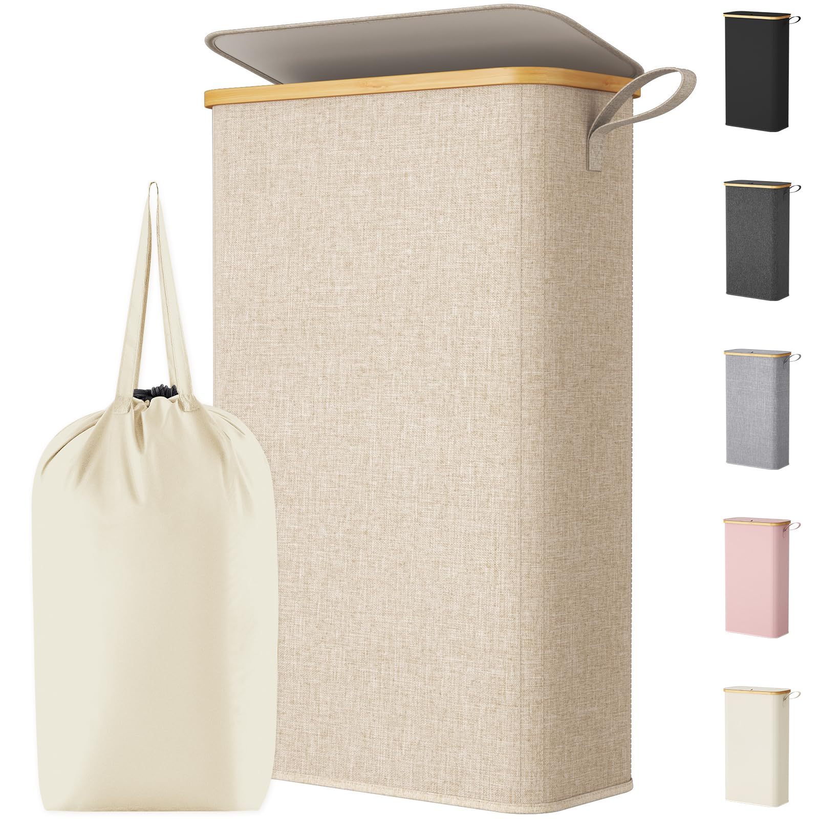 65L Slim Laundry Basket with Lid, Narrow Laundry Bin with Removable Bag & Bamboo Handles, Foldable Thin Dirty Clothes Hamper for Laundry, Bathroom, Bedroom, Dorm (Beige)