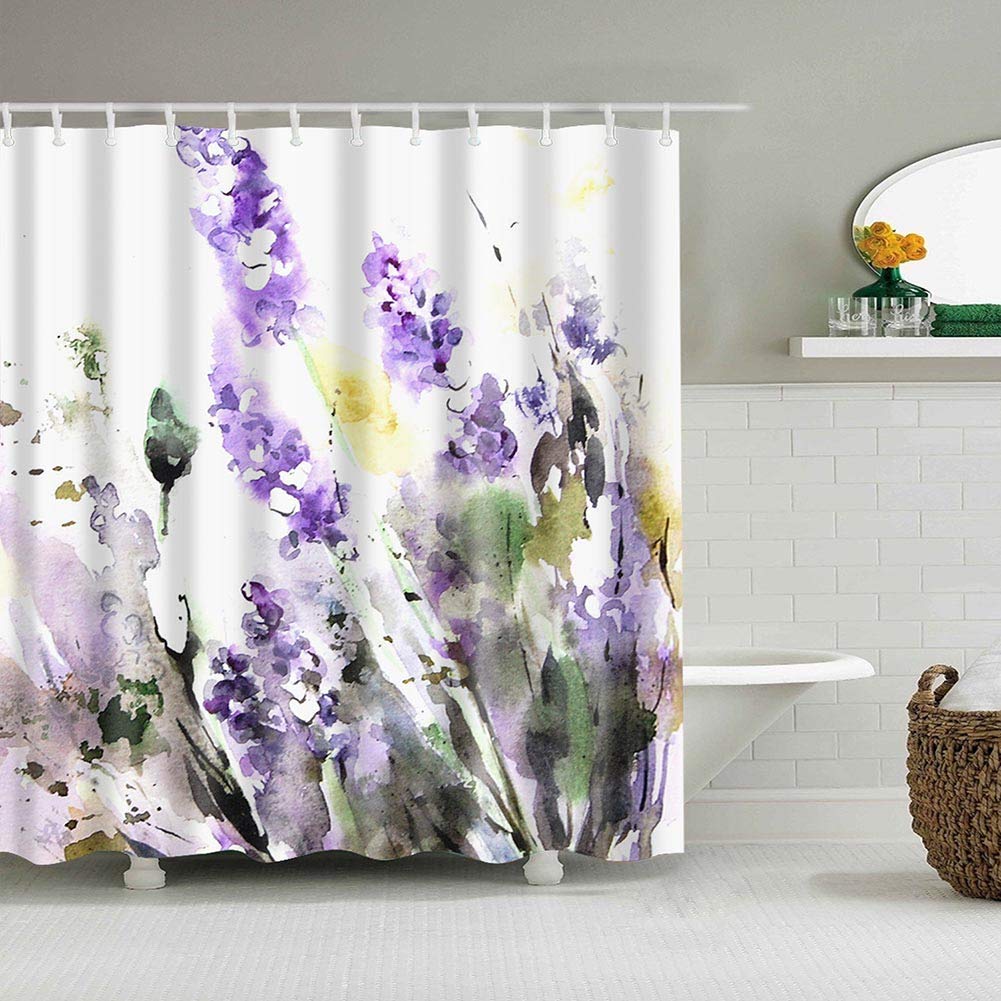 BOYOUTH Watercolors Lavender Pattern Digital Print Shower Curtains for Bathroom Decor,Polyester Waterproof Fabric Bath Curtain with 12 Hooks,70x70-Inch,Multicolor — image 1