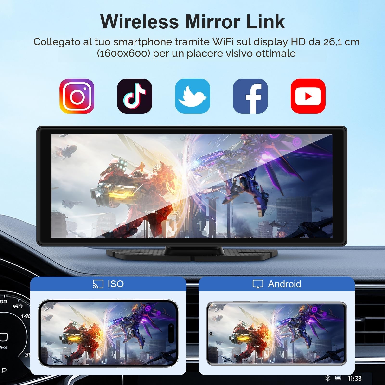 Display Carplay da 10,26 pollici - Display wireless Android Auto Car Play con dashcam 4K, telecamera posteriore 1080P, touchscreen IPS, Bluetooth Mirror Link, schermo diviso, radio FM/AUX, 64G TF