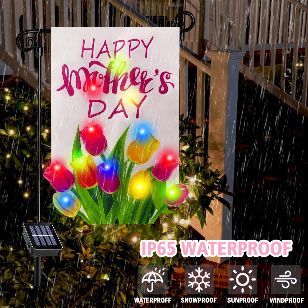 3D Lighted Mother's Day Garden Flag, Solar Powered LED Outdoor Tulips Flower Spring Holiday Yard Flag, Double Side Flag for Patio Lawn, Home Porch 12x18 Inch, Gifts for Women Mother - Image 5