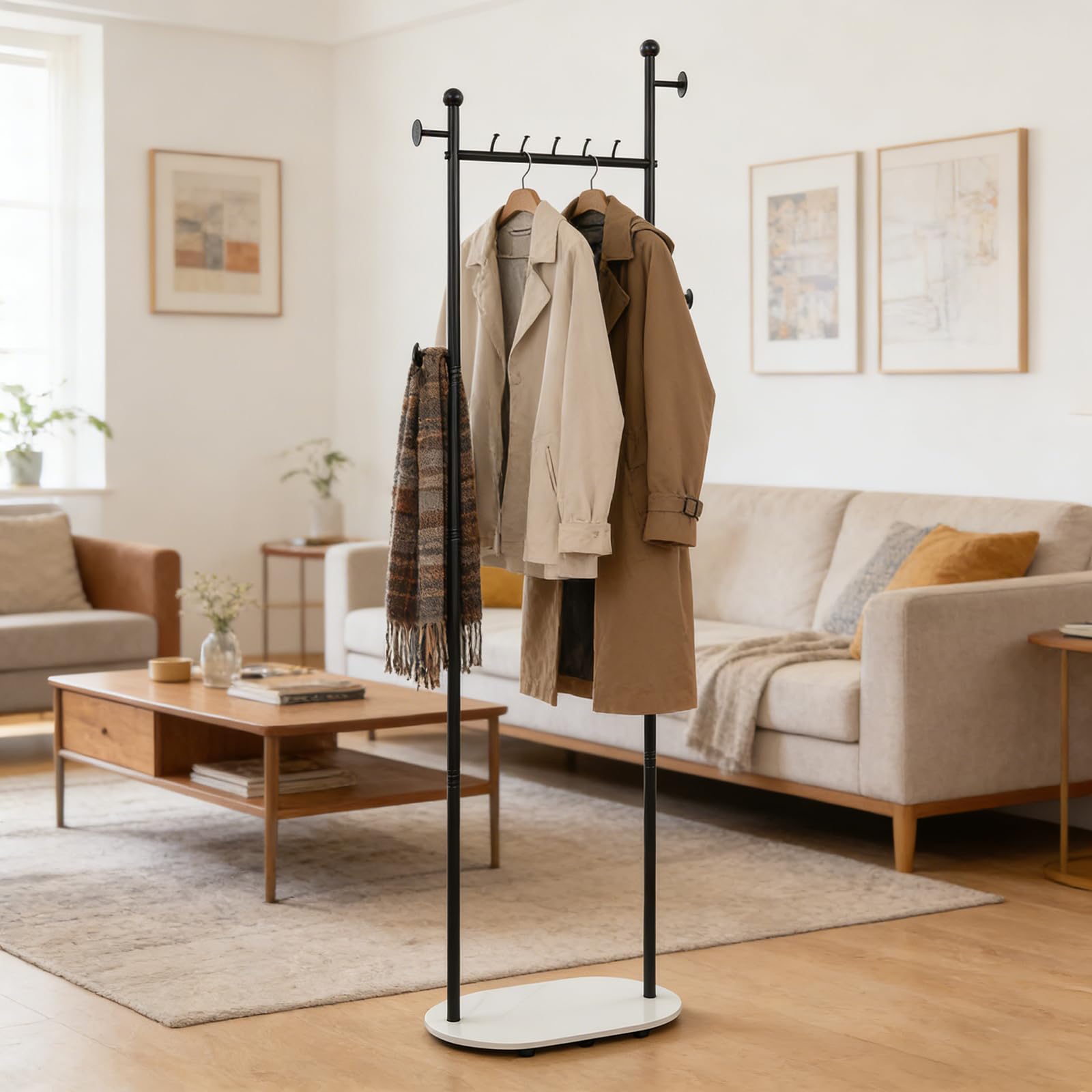Freistehender Kleiderständer Garderobenständer, Schwarz | Kleiderstange Stabil, 5 Horizontale Haken, 4 Seitliche Haken, Für Kleidung, Hüte, Taschen