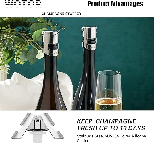 Miniatura 2 de WOTOR Tapones para champán de acero inoxidable, tapón de botella Prosecco con silicona de grado alimenticio, corcho de champán reutilizable y Plata-2