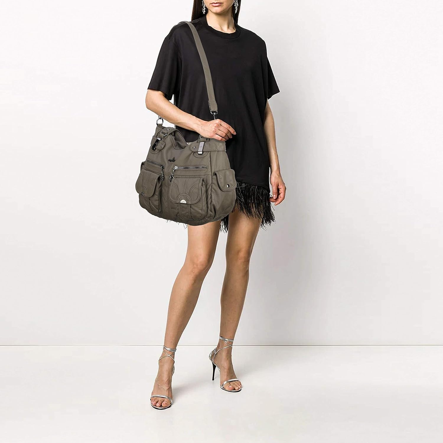 Angel Kiss Women's Designer Handbag Large Double Zipper Multi Pocket Washed Leather Purse - Image 3