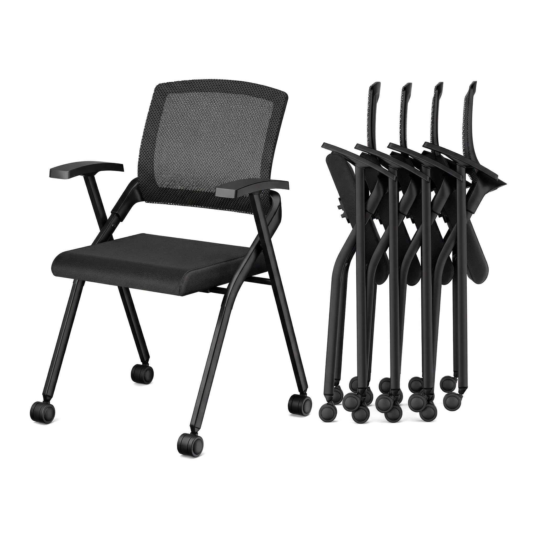 Folding Office Chair Conference Room Chair with Armrest Mesh Back, Stackable Foldable Office Chair for Guest Reception Meeting Classroom Training Seminar (8, Black- with Wheel)