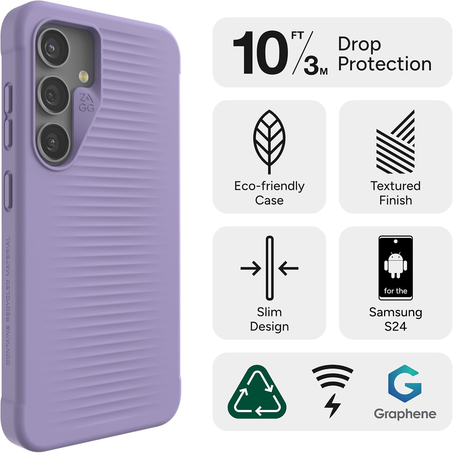 ZAGG Luxe Samsung Galaxy S24 Case – Graphene-Enhanced, Ultra-Slim, Shock-Resistant, 10ft Drop Protection, Eco-Friendly Design, Wireless Charging Compatible, Lilac Purple