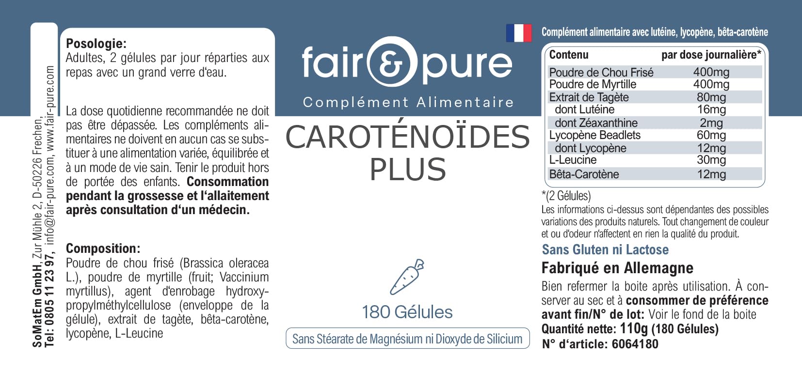Fair & Pure® - Carotinoidi Plus - Complesso di carotenoidi - Con Beta-carotene, luteina, zeaxantina e licopene - Vegan - 180 Capsule