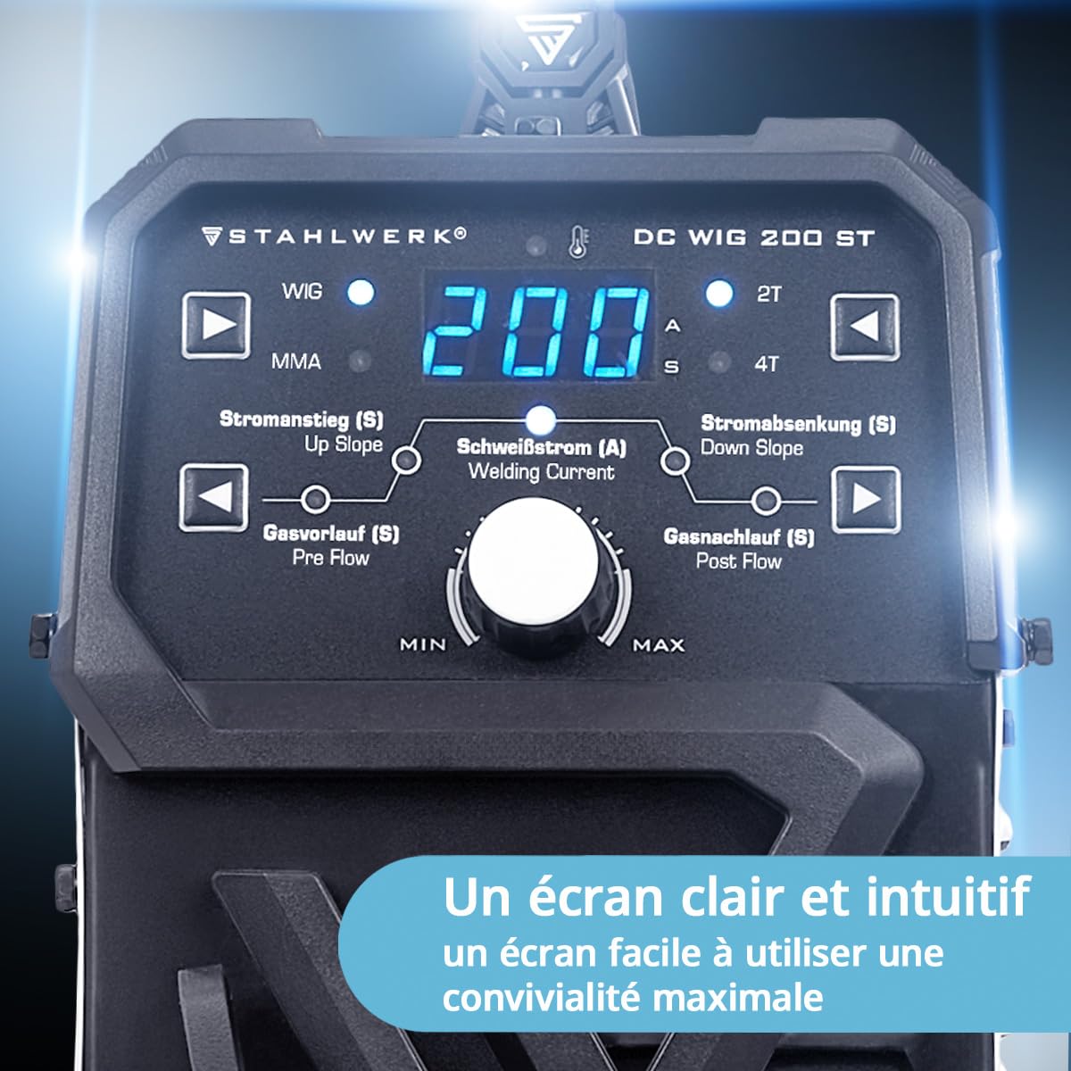 STAHLWERK Poste à souder 2-en-1 combiné DC TIG 200 ST – TIG & MMA (électrode enrobée/ARC) jusqu’à 200 A, amorçage HF, Hot Start, Anti-Stick, adapté à l’acier, inox, cuivre et laiton, pas d’aluminium