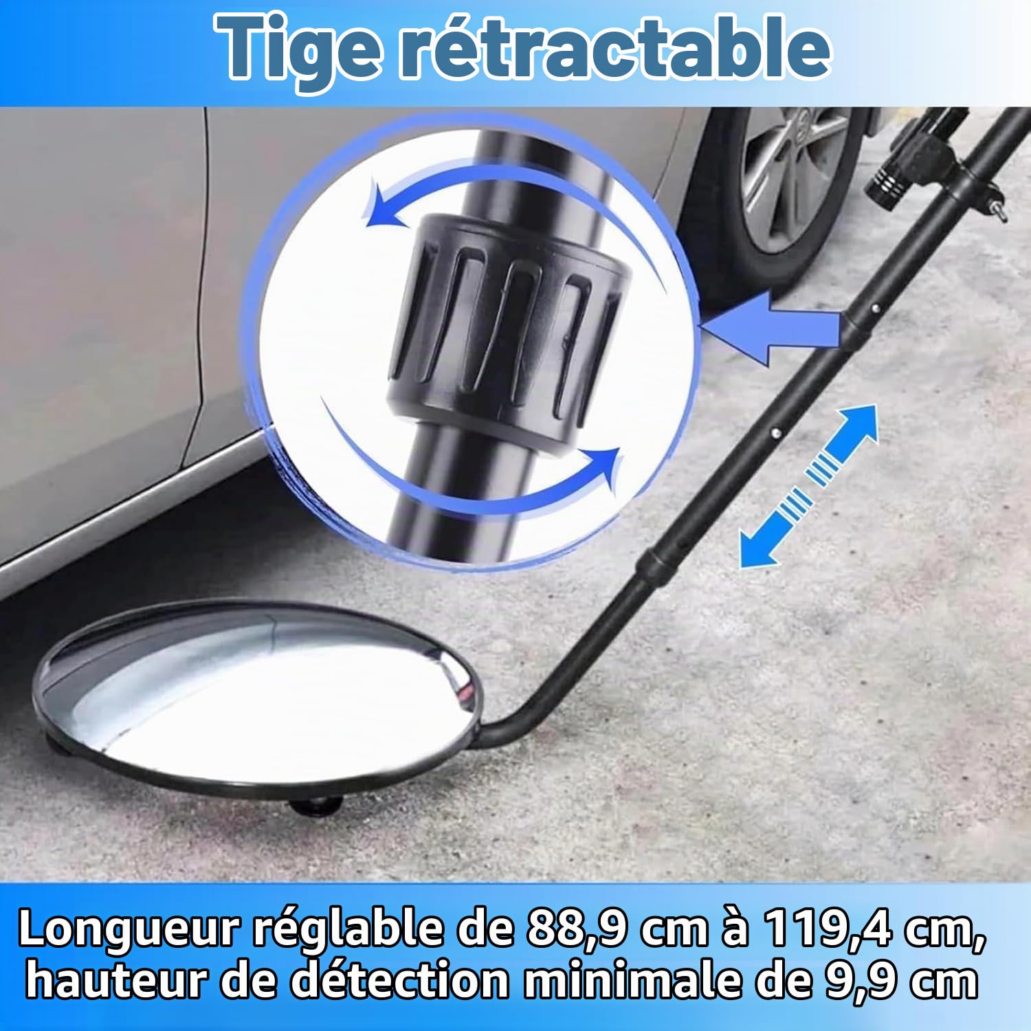 Miroir D'inspection Télescopique, Miroir Rond de 11,8 Pouces sur un Bâton, Miroir Extensible jusqu'à 47 Pouces, Miroir D'inspection à 360 °, Tête Pivotante Télescopique avec