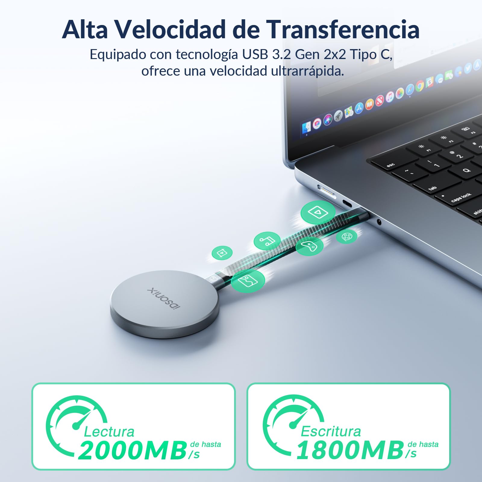 iDsonix SSD Externo 2TB, Magnético Portátil SSD, USB3.2 Gen2x2, Lectura de hasta 2000 MB/s y Escritura de 1800 MB/s, Disco Duro Sólido Externo para iPhone 15 Series, PS5, Android, Xbox, Mac, PC
