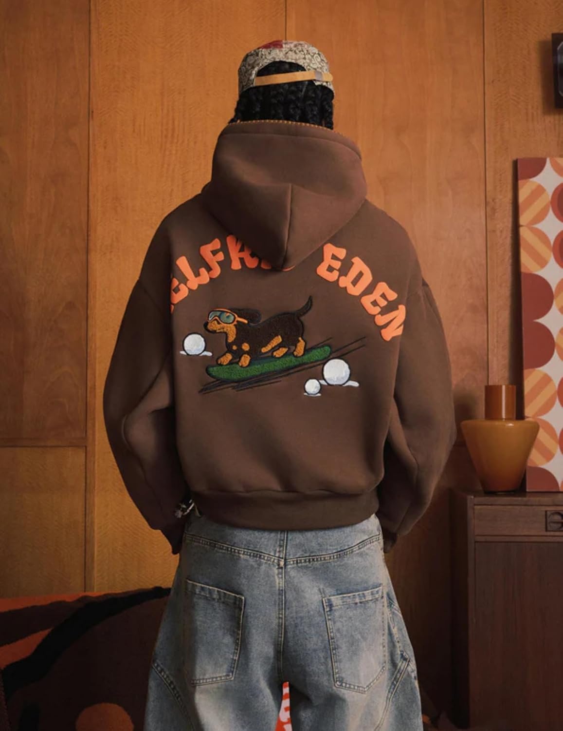 Aelfric Eden Boxy Dachshund Graphic Hoodie Fleece Lined Pullover Unisex Casual Streetwear Sweatshirt