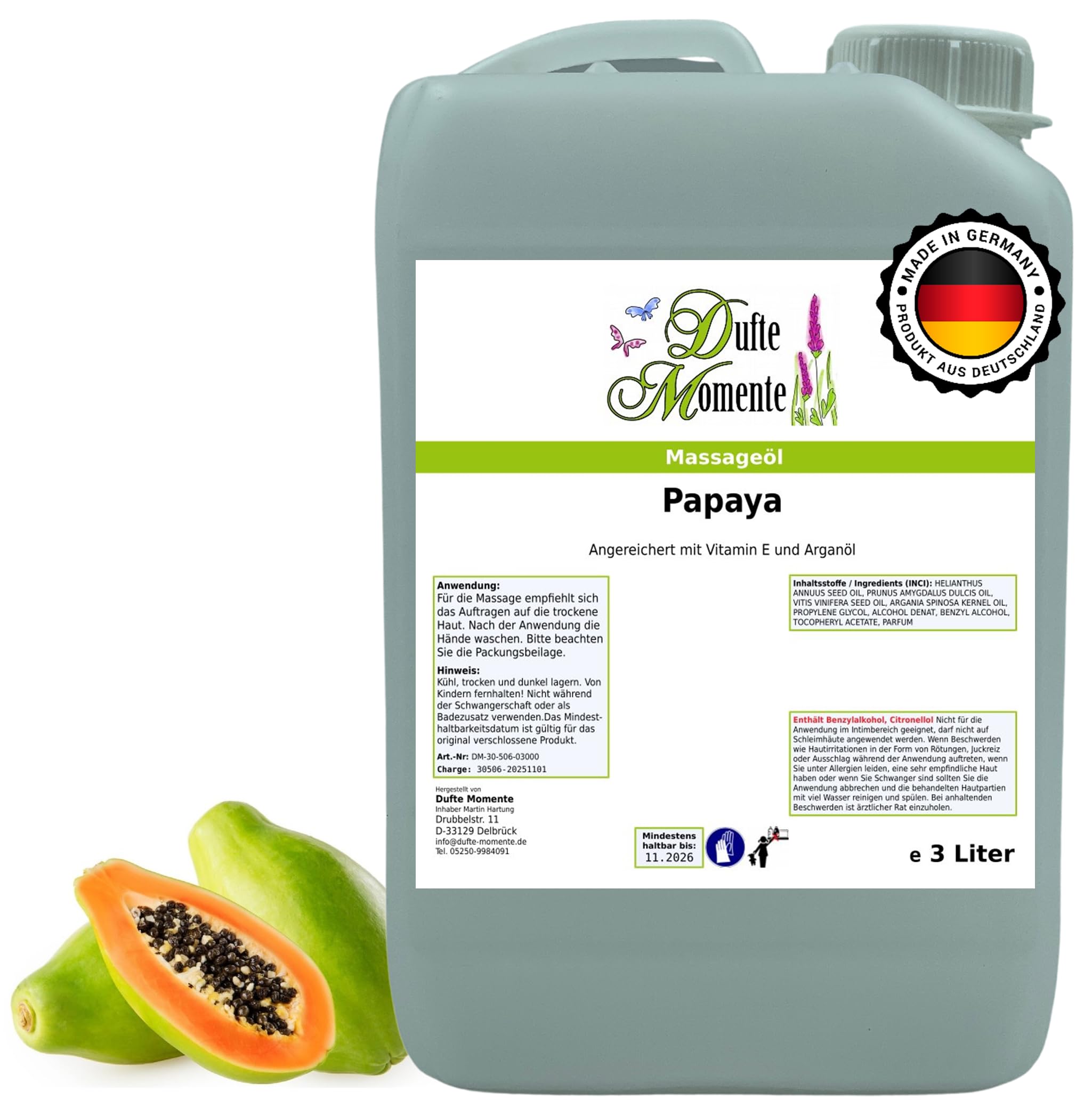 Dufte Momente Massageöl Papaya – 3 Liter – Pflanzenölbasis mit fruchtigem Papayaduft – exotisch & pflegend – für Massage & Wellness – vegan & Made in Germany