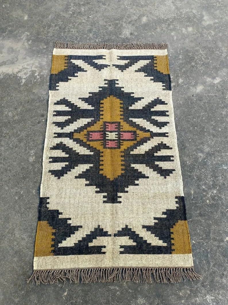 Tapis Kilim tissé à la main en laine et jute - Fait à la main - Tapis bohème tissé à plat pour salon et chambre à coucher (200 x 300 cm)