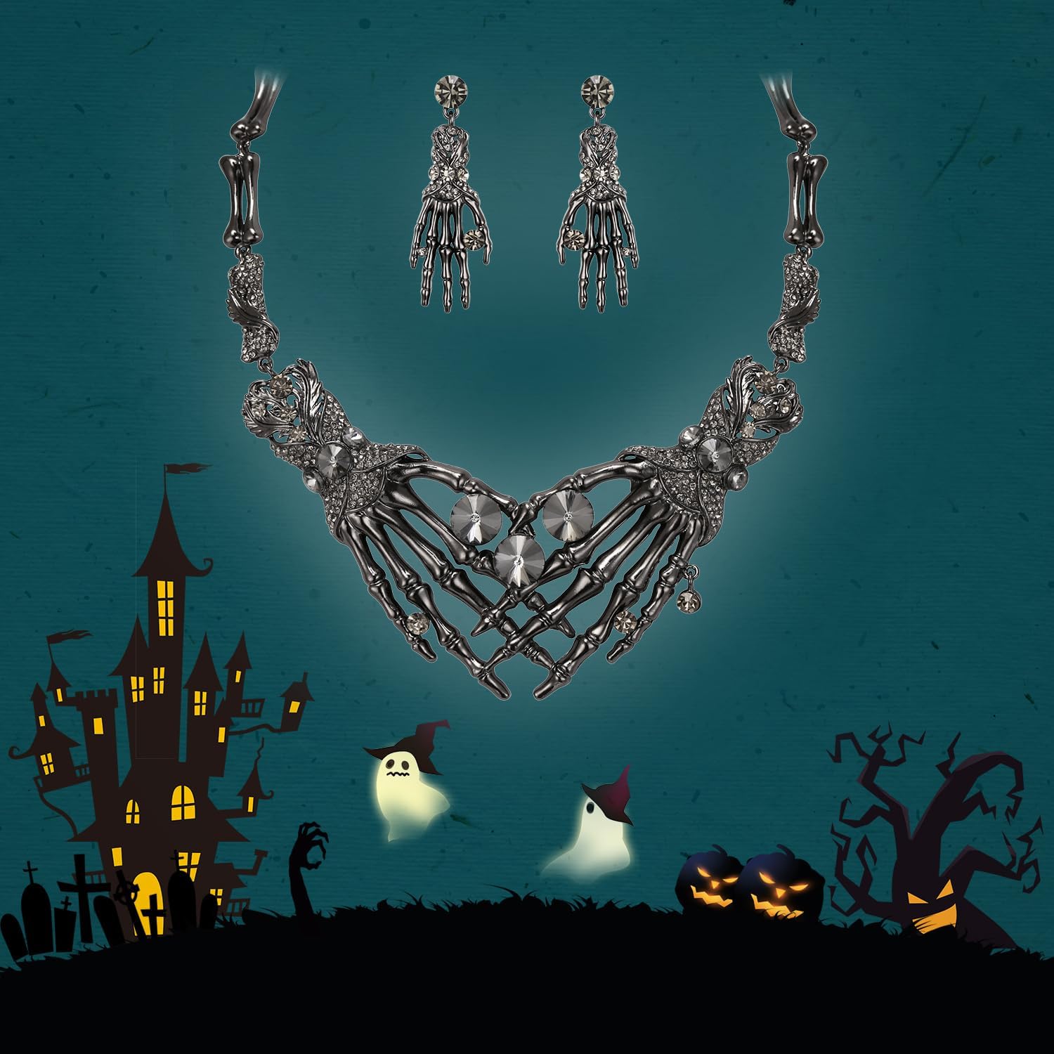 EVER FAITH Austrian Crystal Halloween Skeleton Hand Skull Necklace Earrings Set - Image 4
