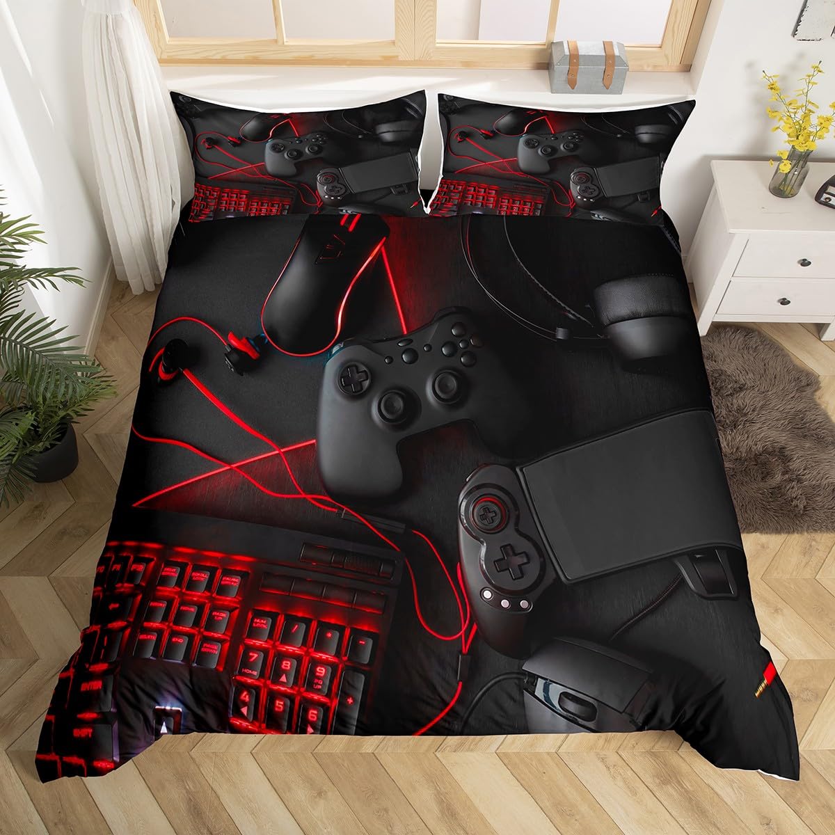 Loussiesd Men's Multicolored 13217 Gamer Bedding Set Gamepad Duvet Cover Gaming Console Young Sci-Fi Style Comforter Cover For Cool Teen Boys Player Video Game Controller Bedspread Cover With Zipper Ties,3Pcs Double Size