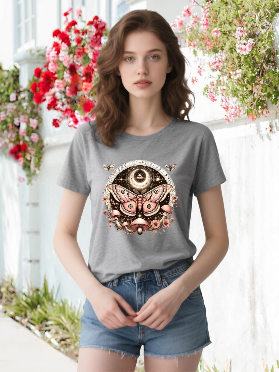 Women Vintage Moth T Shirts Mystical Moon Cottagecore Shirts Funny Witchy Graphic Tees Short Sleeve Tops - Image 2