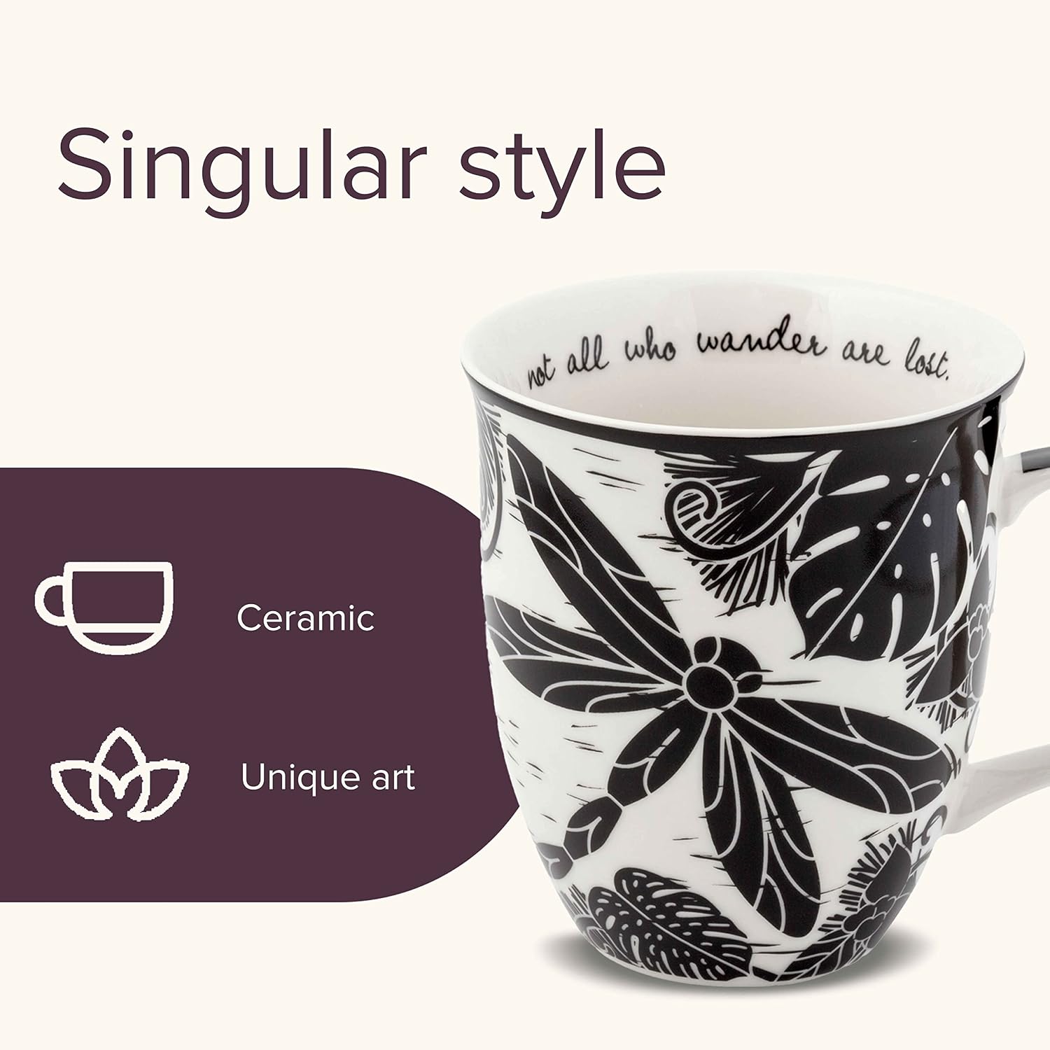 Karma 16 oz Black & White Boho Mug Butterfly & Dragonfly - Cute Coffee & Tea Mug - Ceramic, 16 Ounces, Round, Adult, Daily, Reusable, Animals, Durable, Heat Resistant, Microwave Safe