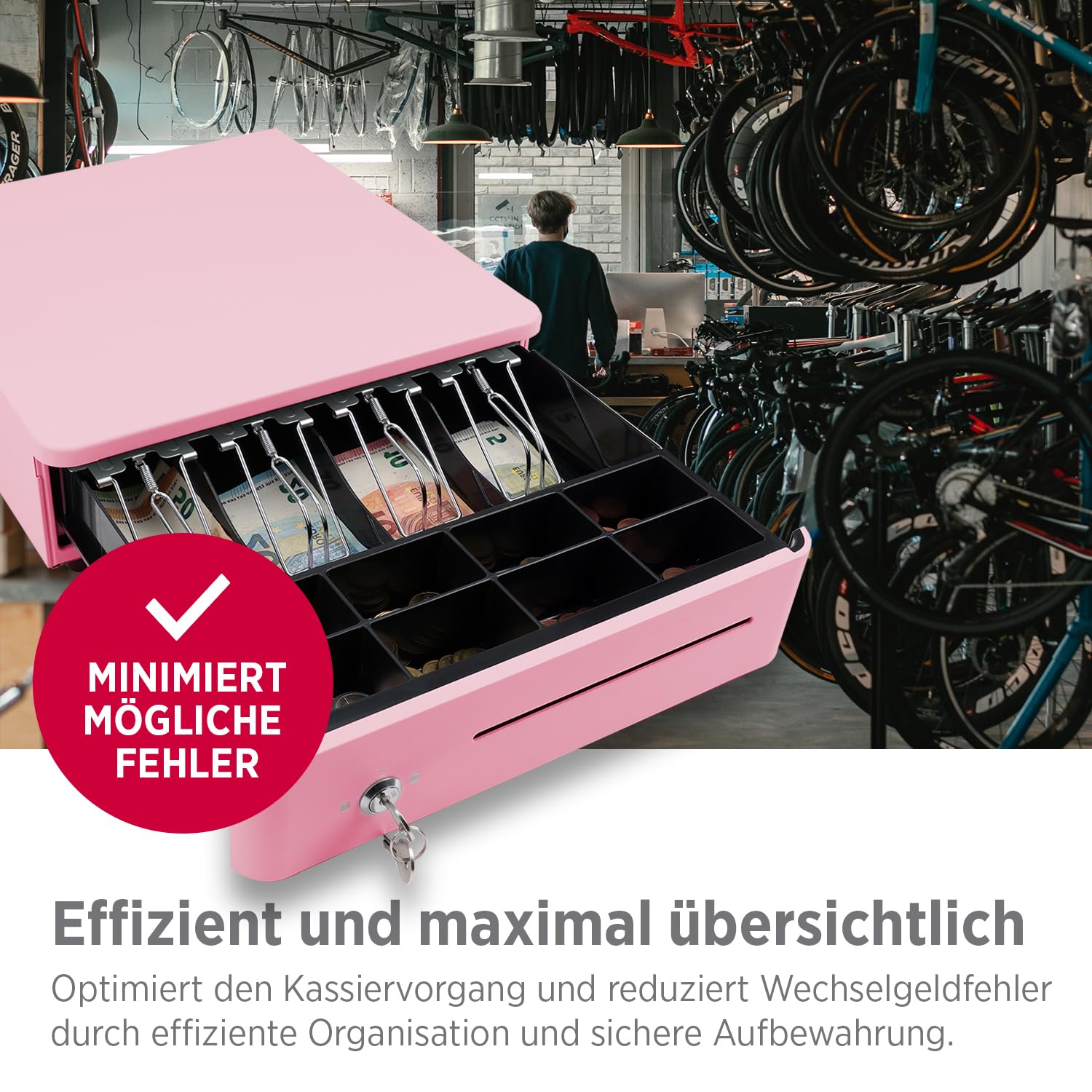 OLYMPIA S 330 - Caja registradora con 8 compartimentos para monedas y 4 billetes, robusta base de metal para caja registradora con cerradura y conector RJ11/RJ12, color rosa