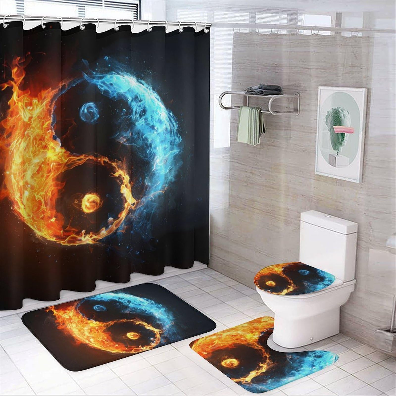 CGSBNGHA Fire And Water Ying-and-Yang Shower Curtain Set 4 Piece Bathroom Sets with Rugs Toilet Lid Cover And U-Shaped Floor Mat