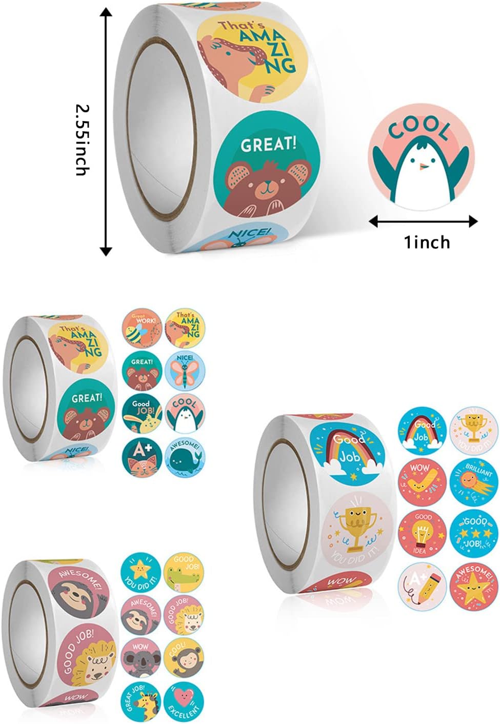3000 PCS Reward Stickers for Teachers Cartoon Animals Stickers Fun Stickers Reward Stickers for Teacher Encourage Student Round Reward Sticker for Kid (1 Inch, 6 Rolls, 500 Labels/Roll) image 2