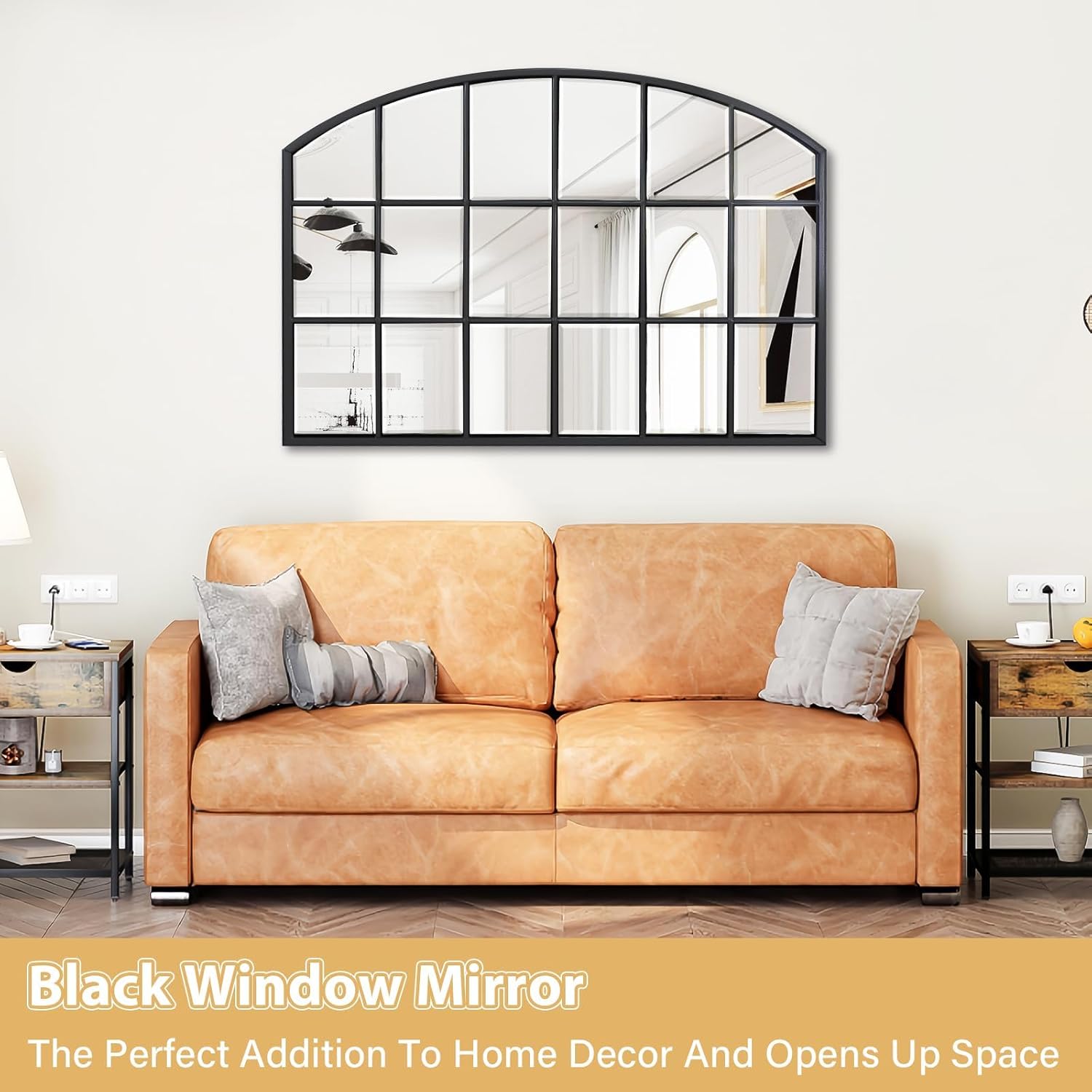 Black Window Mirrors for Wall Decor, Farmhouse Wide Arched Mirror, Wood Framed Decorative Mirror for Living Room, Entryway, Hallway, Fireplace, 44“X28”