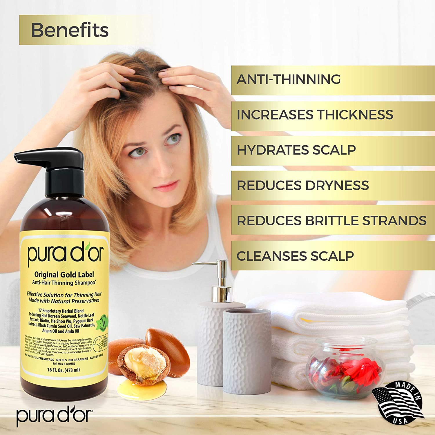 PURA D'OR Biotin Original Gold Label Anti-Thinning (16oz x 2) Shampoo & Conditioner Set, Clinically Tested Effective Solution w/ Herbal DHT Ingredients, All Hair Types, Men & Women (Packaging Varies) : Beauty & Personal Care
