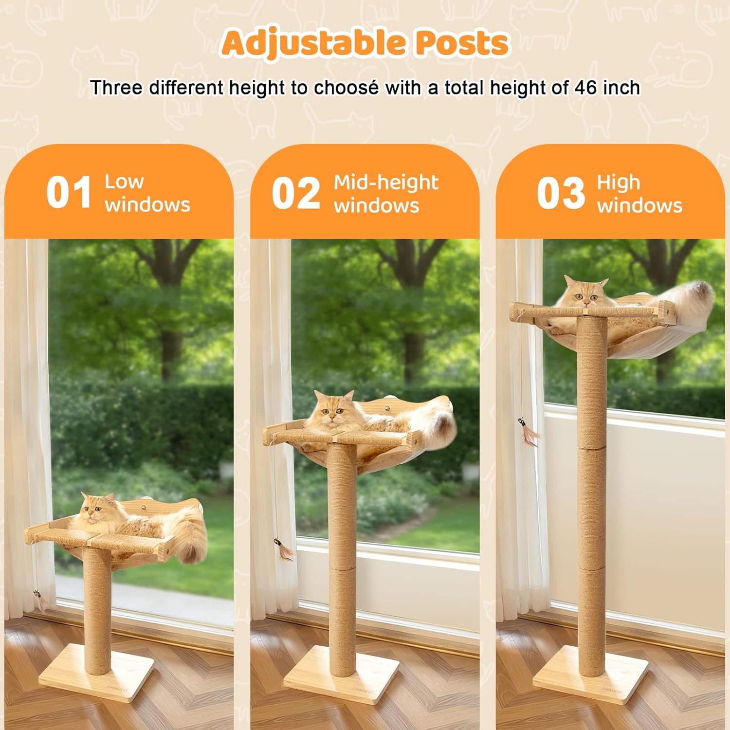 46" Cat Window Perch with 3 Adjustable Sisal Scratching Posts, Drill-Free Suction Cups, Multi-Level Climbing Perch for Bird Watching & Play, 45 lbs Capacity