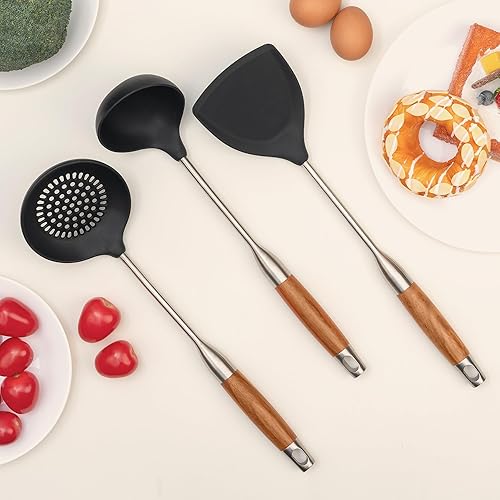 Miniatura 2 de FJNATINH Espátula de silicona para wok, cucharón, espumadera  Herramientas de acero inoxidable Wok  Utensilios de cocina resistentes sin BPA,