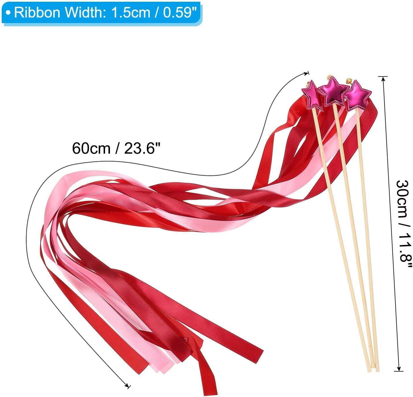PATIKIL Fairy Wands, 24 Pack Ribbon Streamers with Bells Silk Stick for Wedding Party Birthday Activities Holiday Celebration (Burgundy, Rose Red)