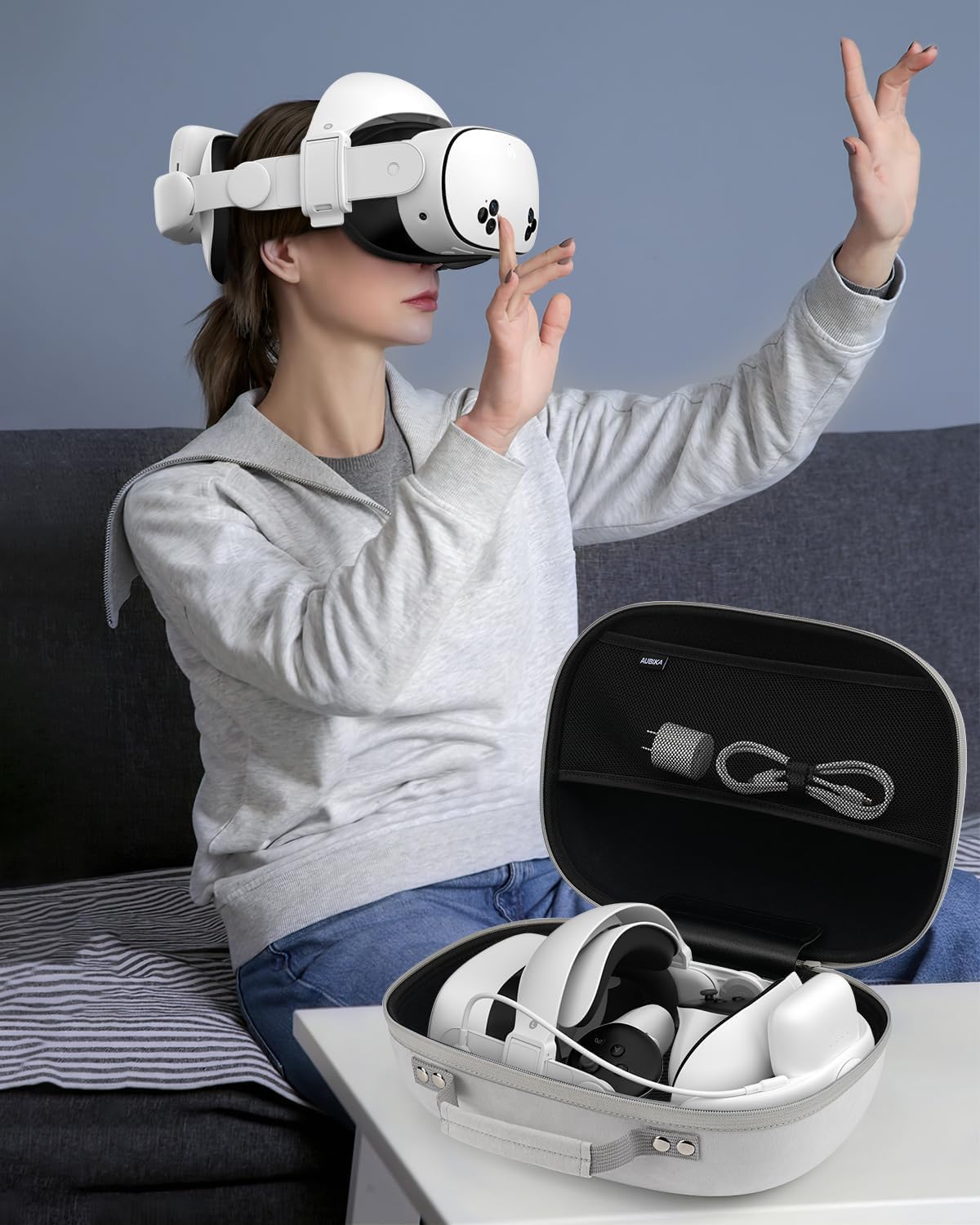 Aubika 2 in 1 Hard Shell Case for Meta Quest 3/3S, Halo Headset Compatible, No Disassembly Required, Dual Mode Display & Portable Carry, Shockproof VR Storage Case for Travel & Home (Gray)