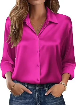  Womens Tops Long Sleeve Satin Silk Button Down Shirts Dressy Blouses | Business Casual Outfits, Fall Clothes, Button Up Shirts, Work Office Outfits, Professional formal Tops