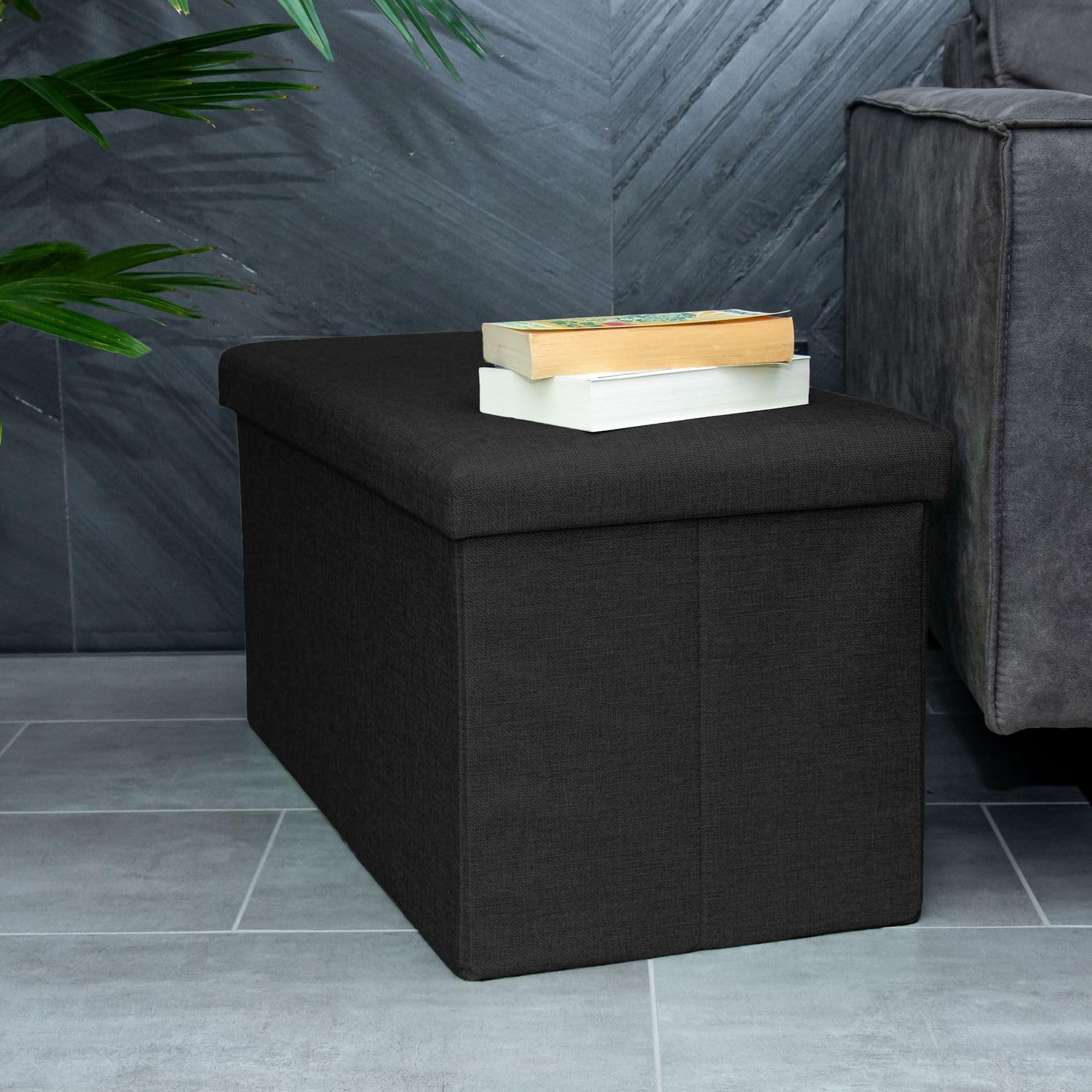 INTIRILIFE Puff Baúl Plegable 78x38x38 cm in Negro Diamante - Taburete Almacenaje Tapizado de Textil Tela Óptica Lino per Almacenamiento y Reposapiés - Asiento Silla Tejido Banqueto