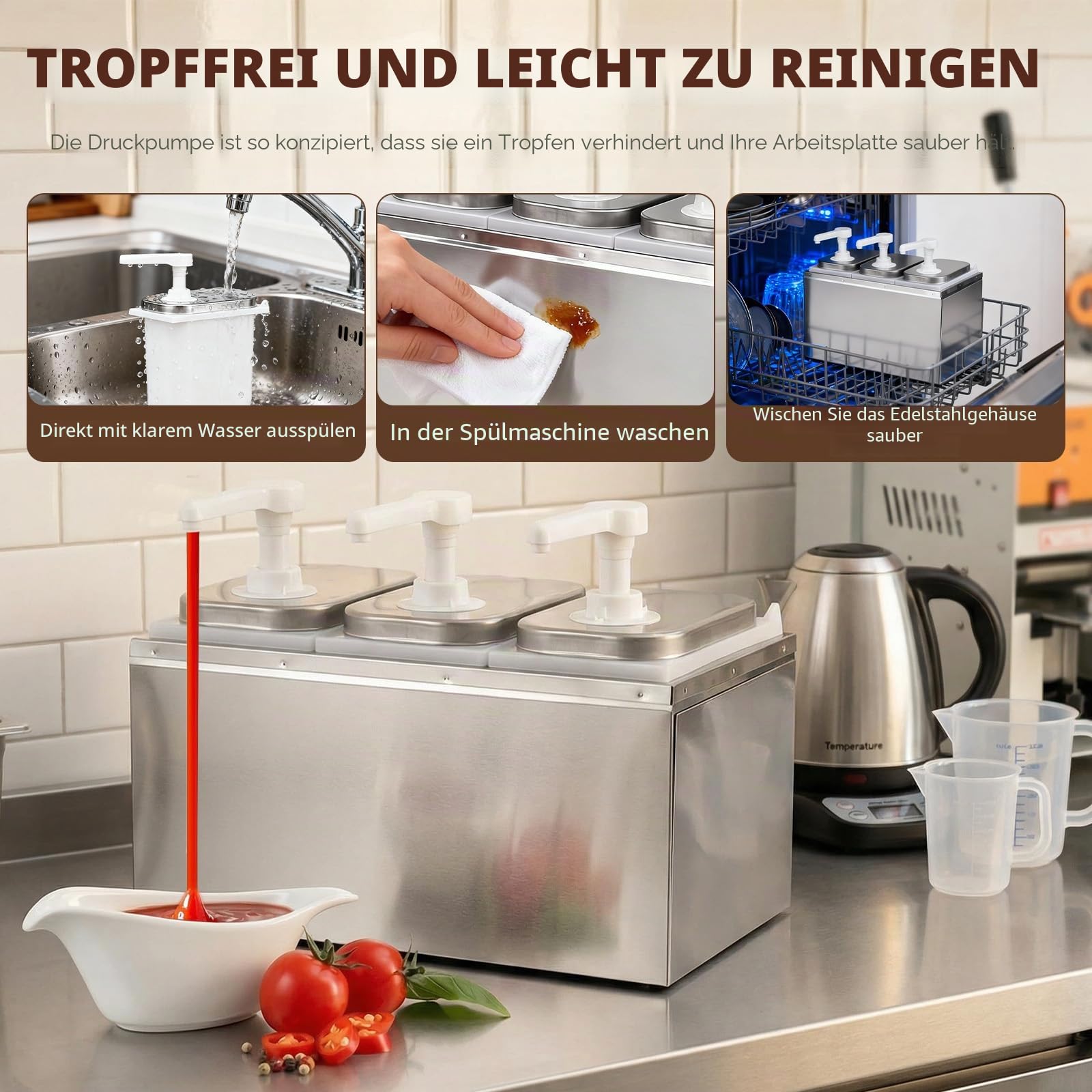 Saucenspender Pumpstation Soßenspender Sauce Dispenser Pump | 3 Köpfe 4L Edelstahl Ketchup-Spender, Pumpspender Senfspender Dosierspender für Ketchup, Mayonnaise, Senf, Honig, Sojasauce