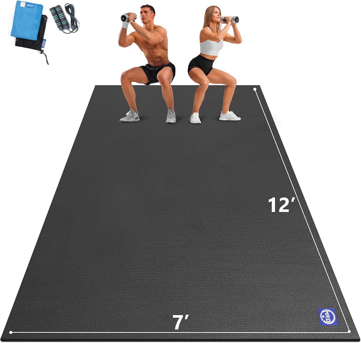 MRO Estera de ejercicio extra grande de 12'x7'/9'x7'/7'x7'/7'x5'(7 mm), esteras de entrenamiento de alta densidad para pisos de gimnasio en casa, estera cardiovascular antideslizante, extra gruesa y duradera, ideal para Plyo, MMA, cuerda para saltar - Apto para zapatos