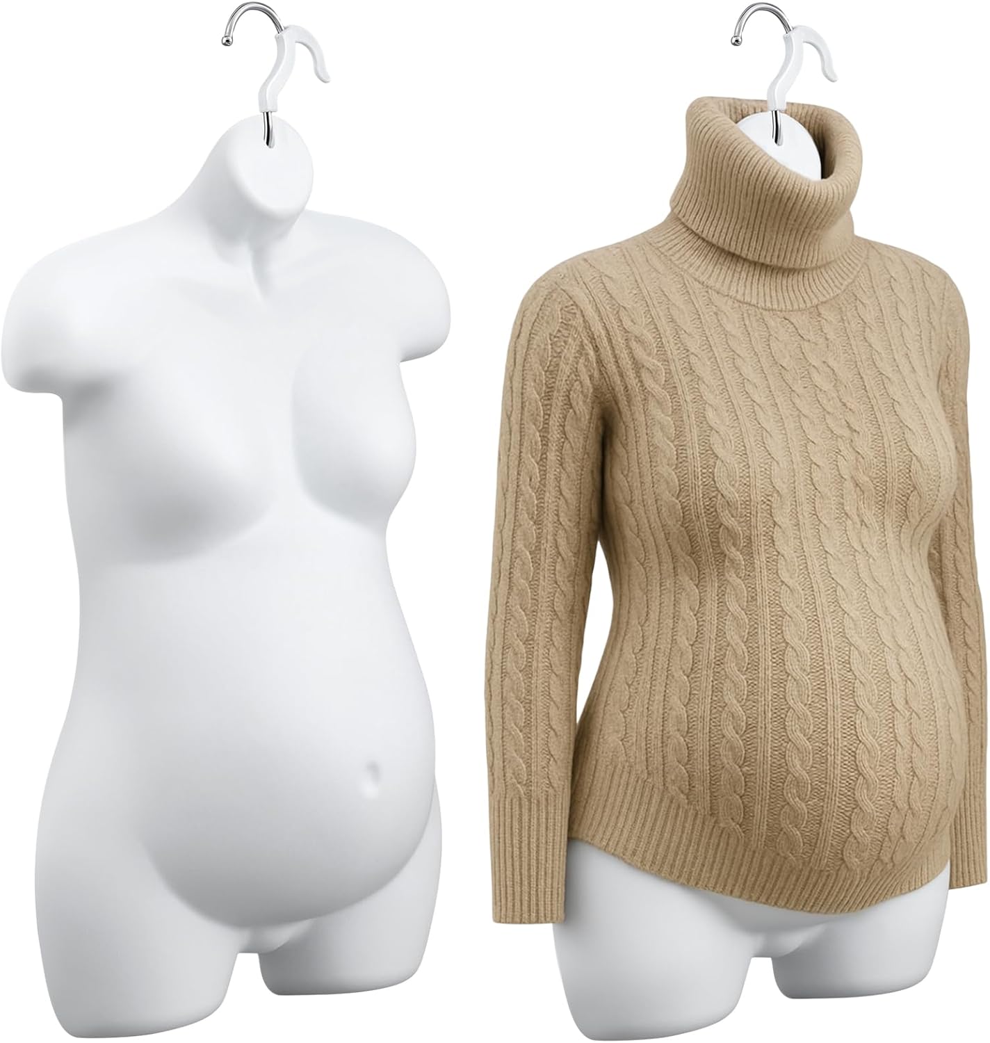 Tioncy 2 Pcs Female Maternity Form Pregnant Woman Mannequin Torso, Hollow Back with Wall Hook, 6-8 Months Pregnant Size Mannequin Props for Clothing Store Display Stand, White