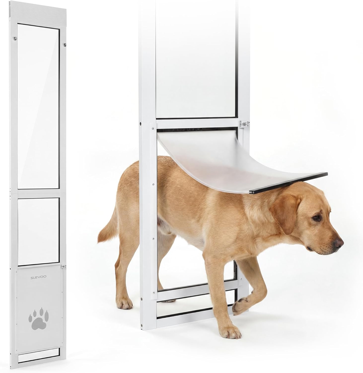 Slevoo Sliding Glass Dog Door, No-Cut Installation, Height Adjustable 79 1/5" to 82", Upgraded Silicone Flap, Weatherproof & Secure Pet Door for Medium/Large Dogs, White Aluminum Frame (Large)