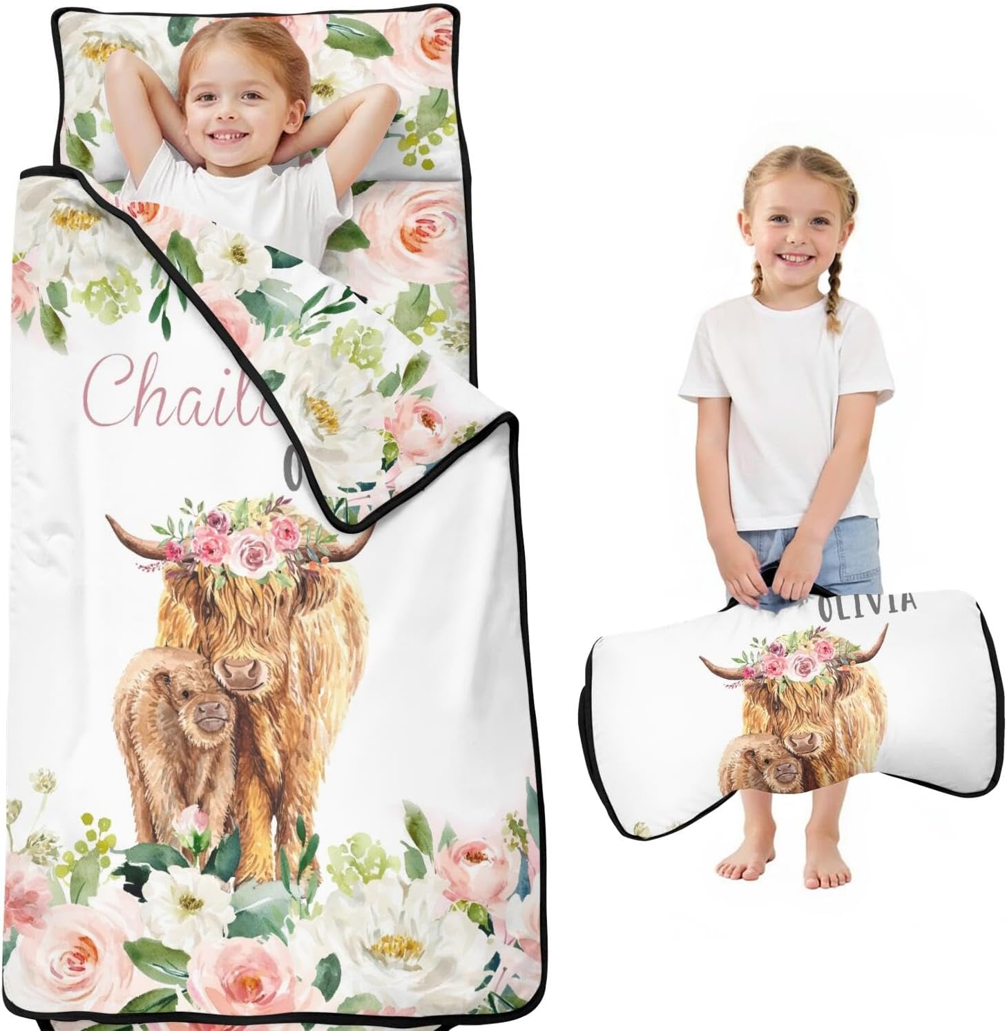 Custom Toddler Nap Mat for Girls – Personalized Name Highland Cow Sleeping Bag with Pillow & Blanket – Soft & Portable for Daycare, Preschool & Kindergarten