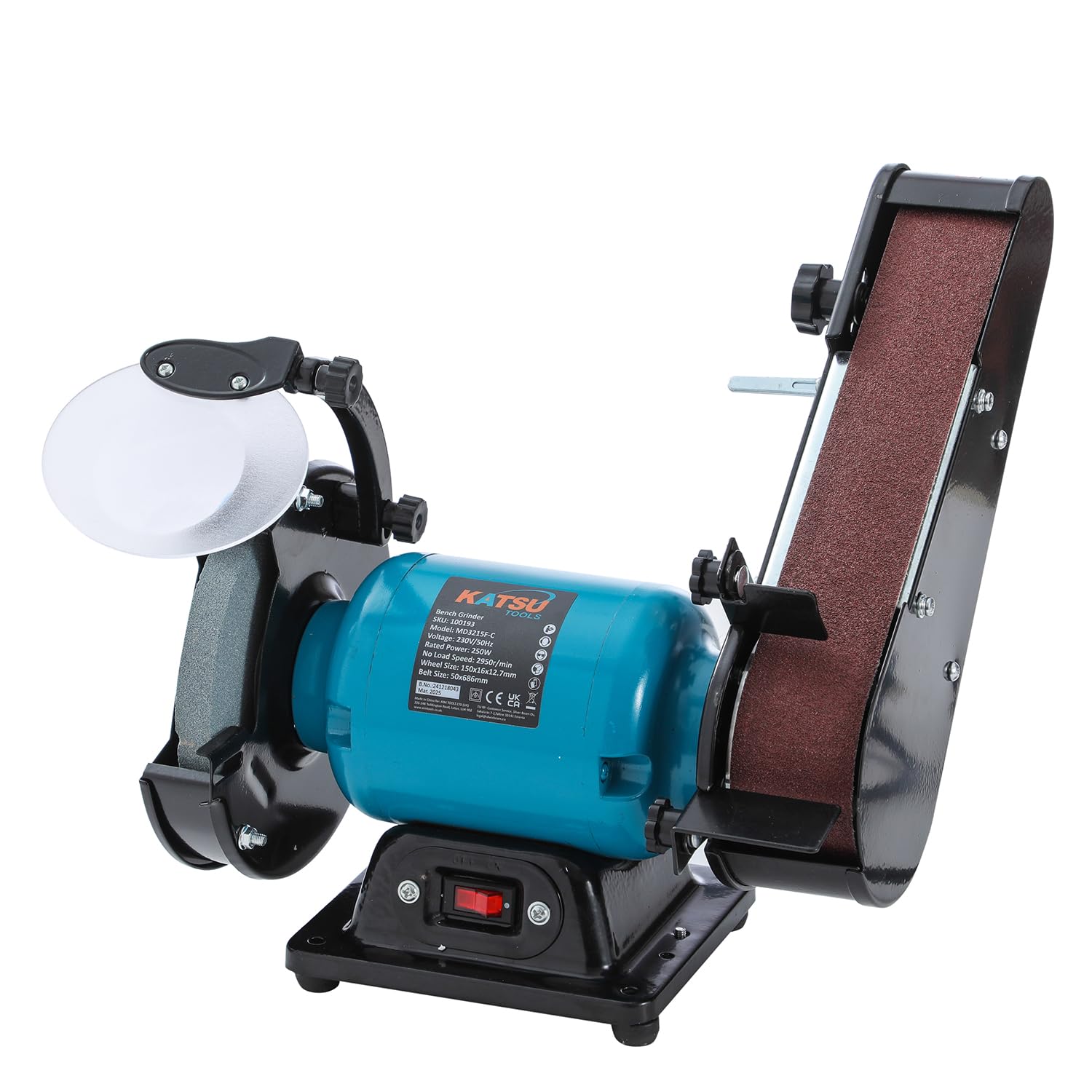 Katsu Tools 250W Bench Grinder And Belt Sander 2-In-1, 150Mm Grinding Wheel, 50 X 686Mm Sanding Belt, For Wood Metal Grinding, Polishing And Sharpening