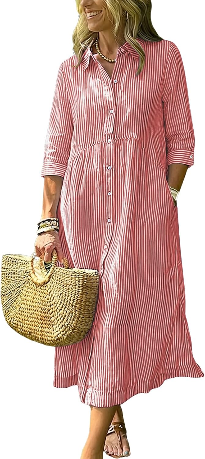 ebossy Women's Boho Striped Shirt Dress 3/4 Sleeve Button Up Side Slit Loose Mid Long Cotton Dress with Pockets