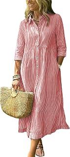 ebossy Women's Boho Striped Shirt Dress 3/4 Sleeve Button Up Side Slit Loose Mid Long Cotton Dress with Pockets