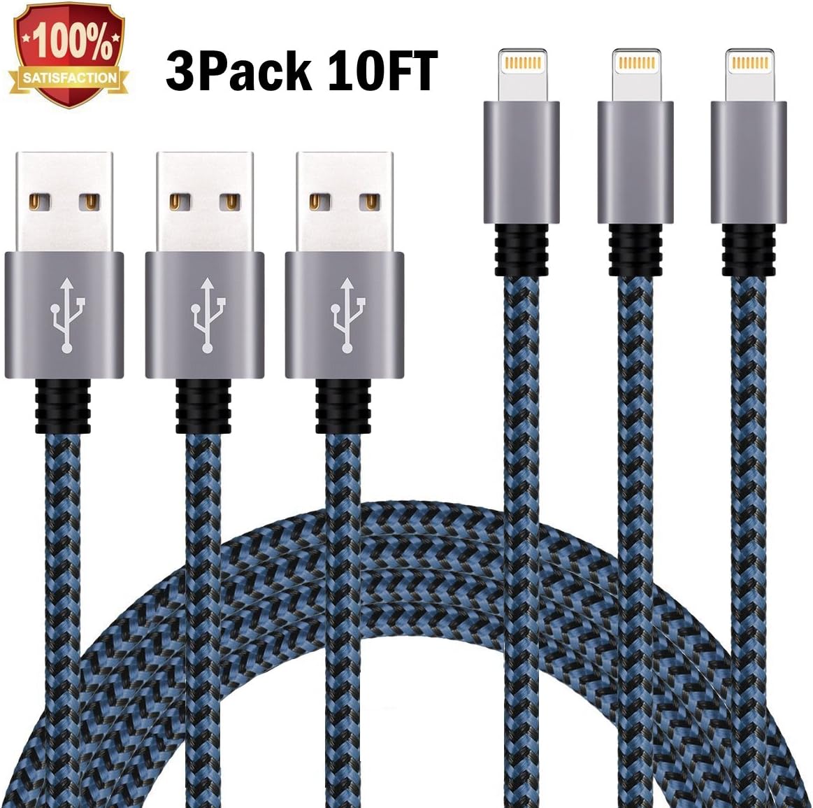 Sundix iphone Charger 3 Pack 10ft Nylon Braided Lightning Cable Extra Long Charging Cord for iPhone X 8 8plus 7 7Plus 6 6s Plus 5 5s 5c SE iPad iPod & More(Blueblack)