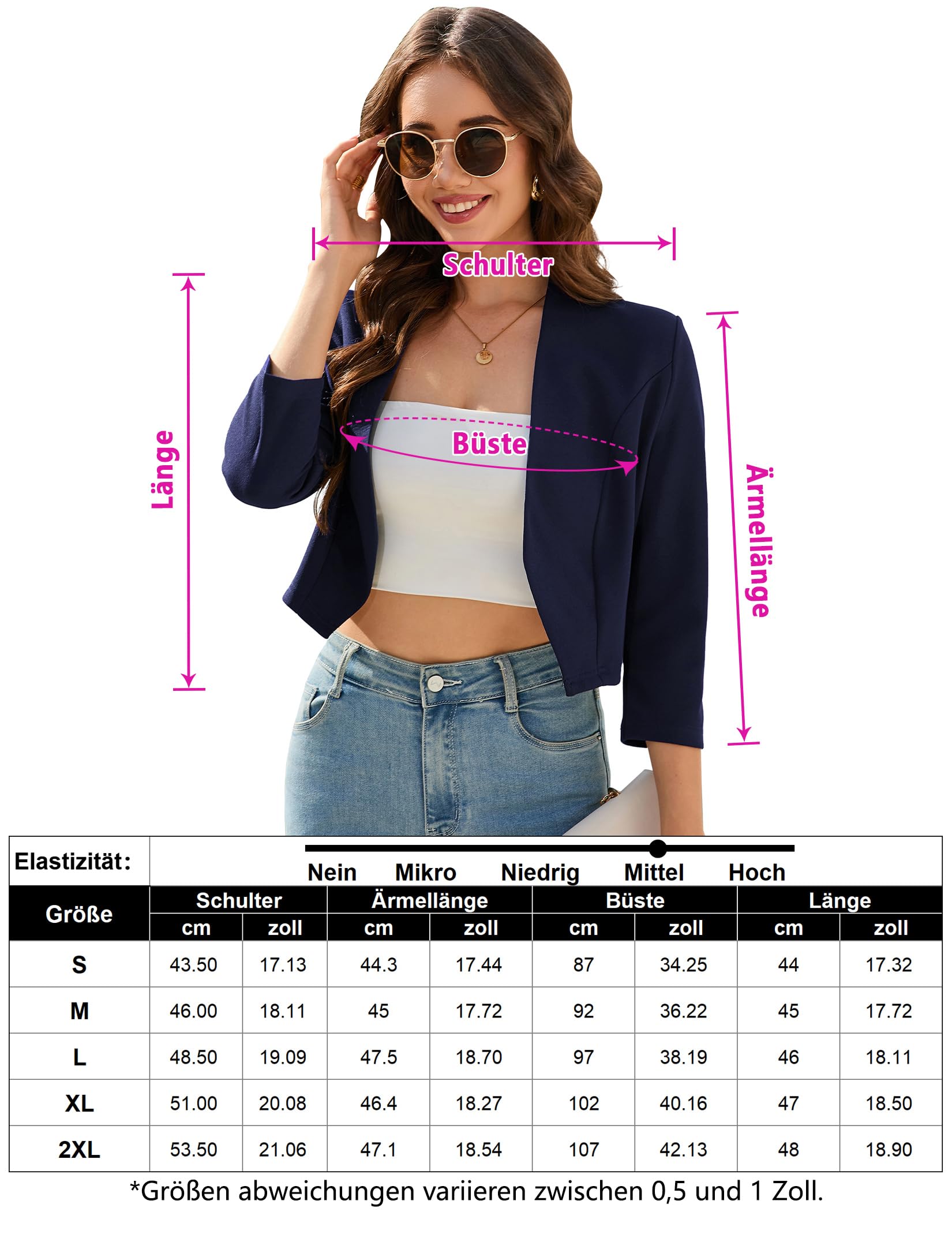 YesFashion Slim Fit Blazer Donna Elegante, 3/4 Maniche Blazer per Donna Senza Bottoni Giacca Corta Donna Ufficio Lavoro