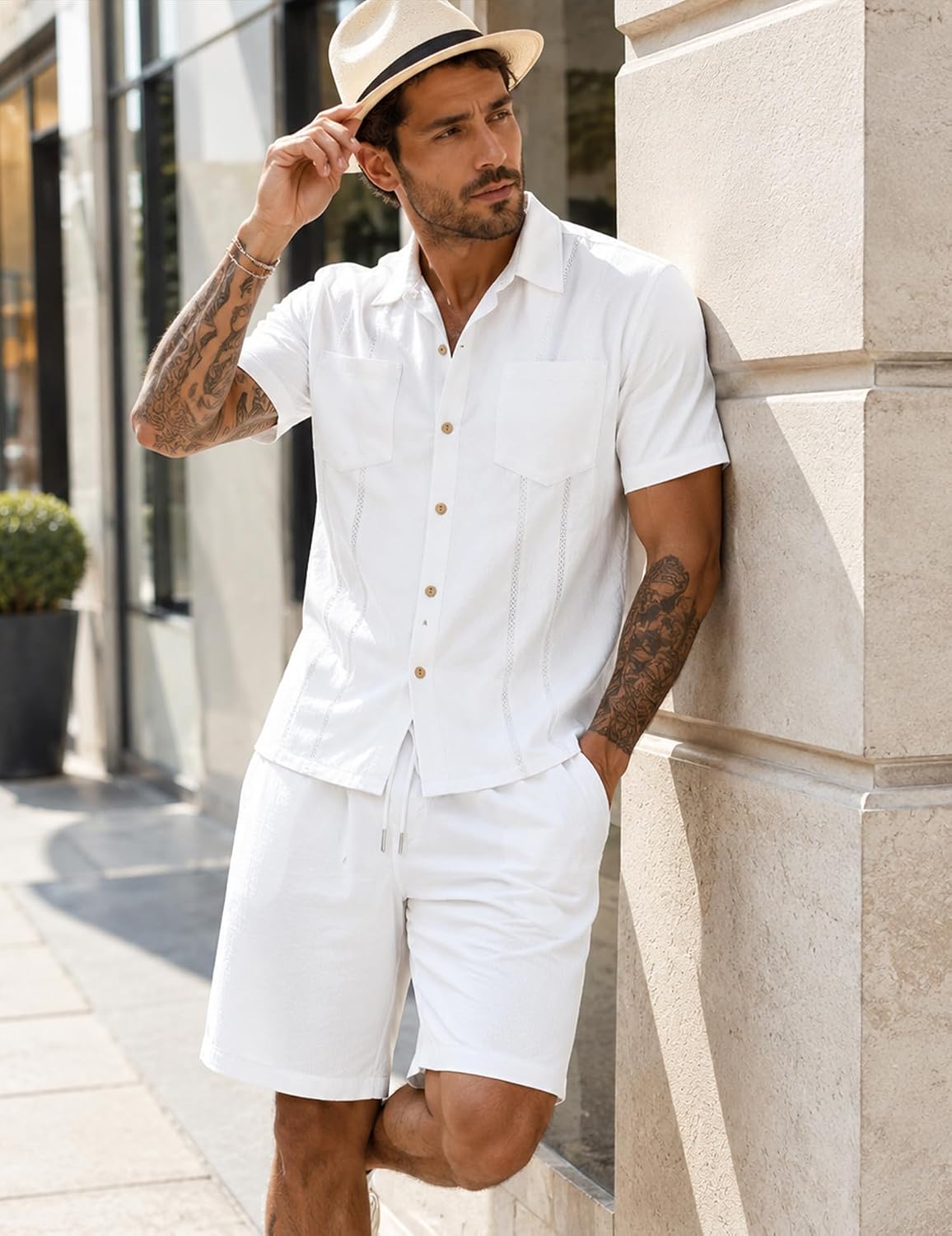 UOUA Men’s 2 Piece Short Set Summer Texture Beach Outfits Short Sleeve Shirts and Shorts Casual Vacation Sets