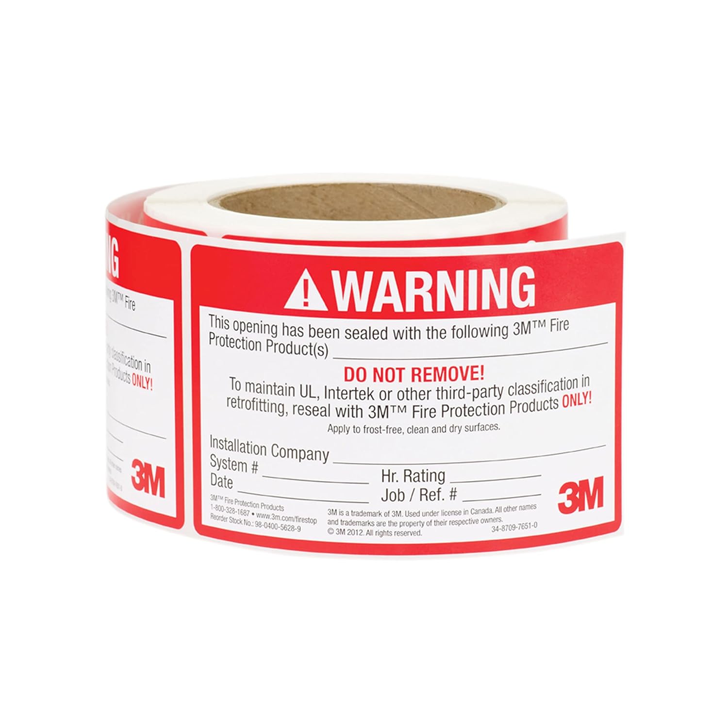 3M 54917 Firestop Identification Label, 3' x 5', 250/Roll, Red/White