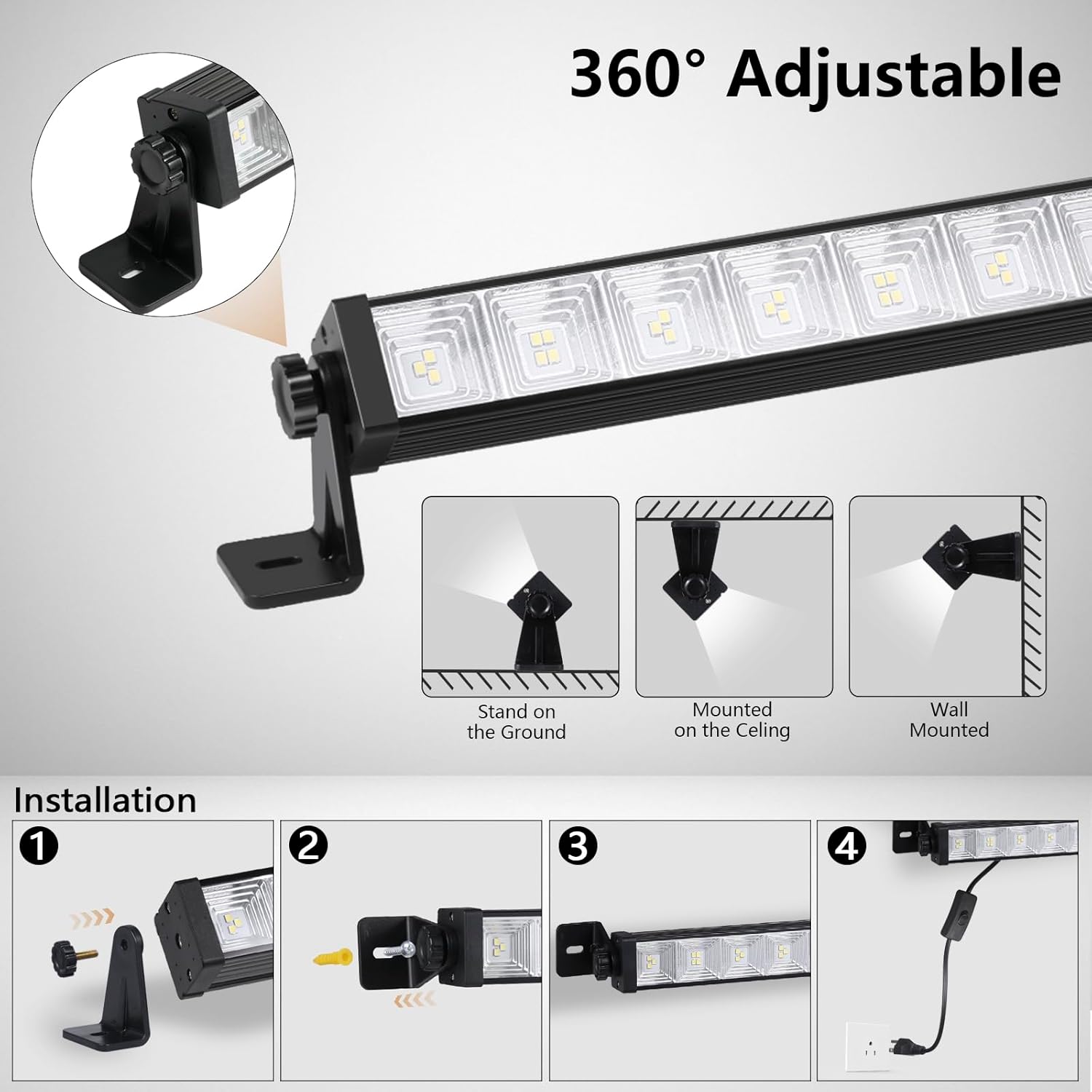 2 Pack 24W LED Shop Lights – 5400 lm 6000 K Daylight, 6.5 ft Plug-in Cord with Inline Switch, 180° Tilt, Graphene Cooled – Linkable Garage, Workshop, Warehouse, Yard Lighting