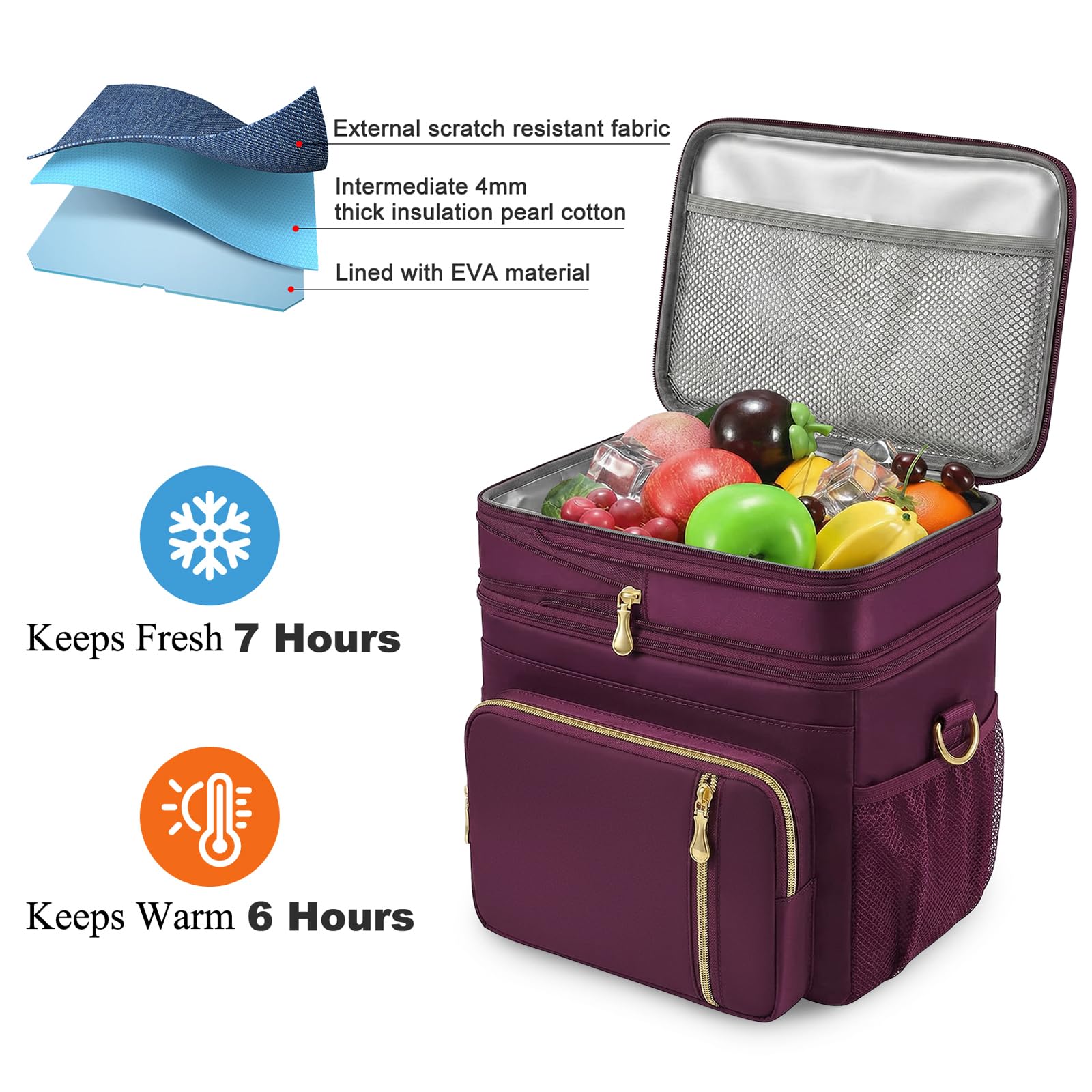 MIYCOO Borsa termica per il pranzo e portapranzo, per donne e uomini, a doppio strato, a prova di perdite, isolata, morbida, per adulti, per lavoro, spiaggia, picnic, viaggi (viola, 15 L) - 5