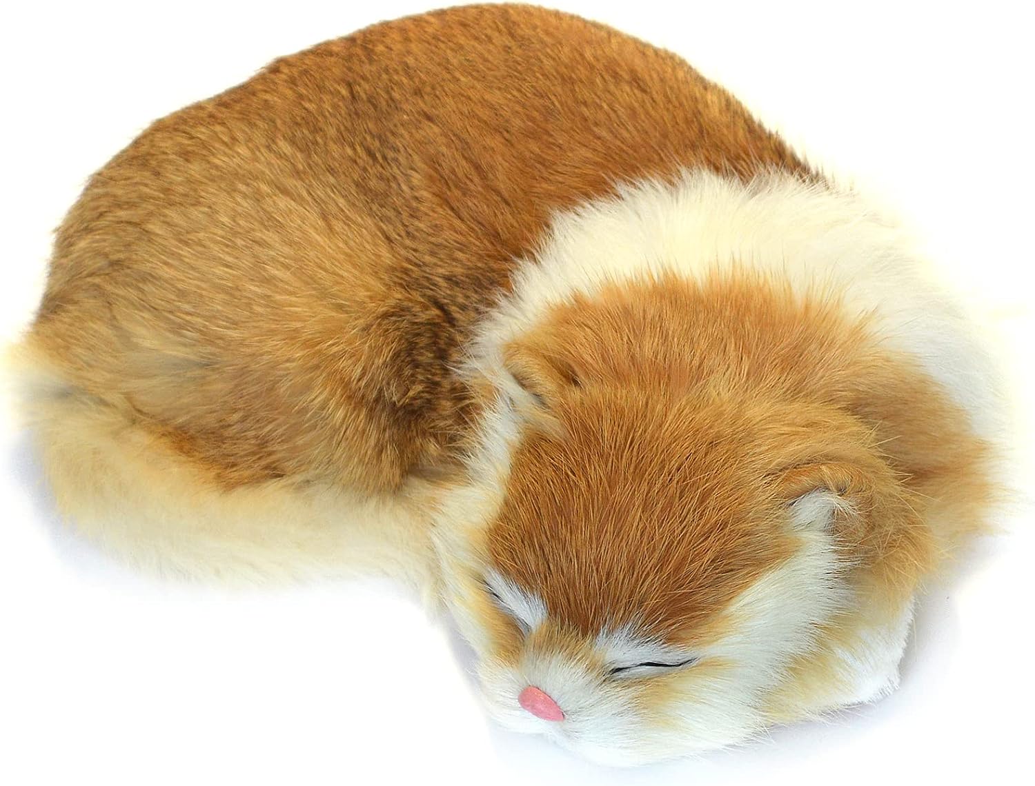 Lifelike Cream & White Sleeping Cat Figurine - Realistic Curled Up Bicolor Kitten Statue, Stuffed Kitten Doughnut Pose Collectible Gift, Home Office Desk Decor image 3